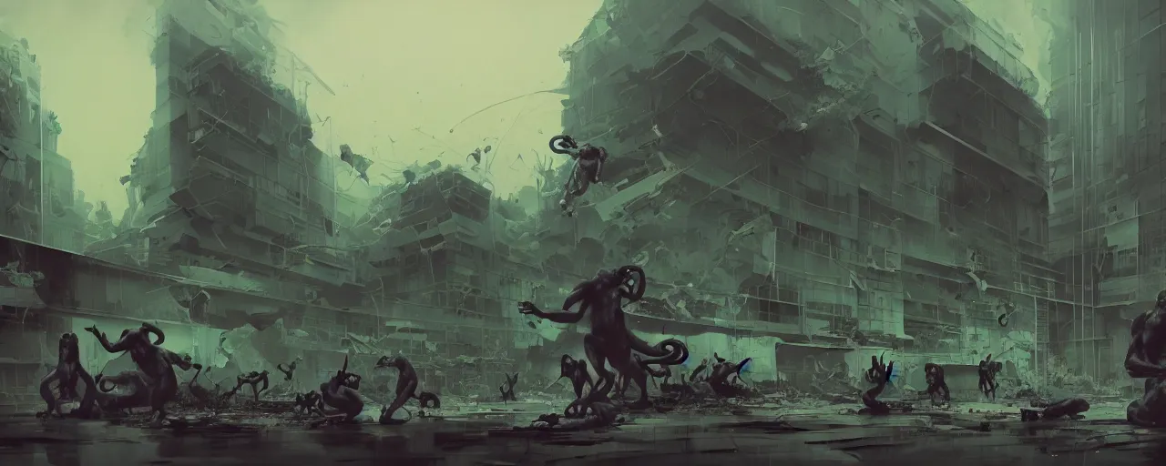 Image similar to duotone noir concept illustration of group wild and crazy apes ruining office rooms, octane render, concept hideo kojima surreal atmosphere, abandoned buildings volumentric lighting. cosmic horror. accidental renaissance. by sachin teng and sergey kolesov and ruan jia and heng z. graffiti art, scifi, fantasy, hyper detailed. trending on artstation