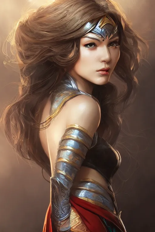 Image similar to three quarters portrait pose of a beautiful woman,super heroine costume,super powers, fantasy, intricate, elegant, highly detailed, digital painting, artstation, concept art,shining, sharp focus, illustration, art by Stanley Lau