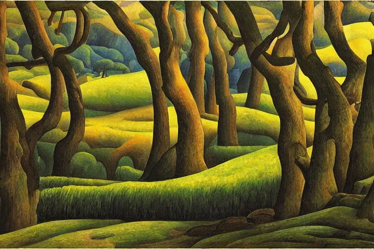 Prompt: masterpiece painting of oak trees on a hillside overlooking a creek, dramatic lighting, by diego rivera