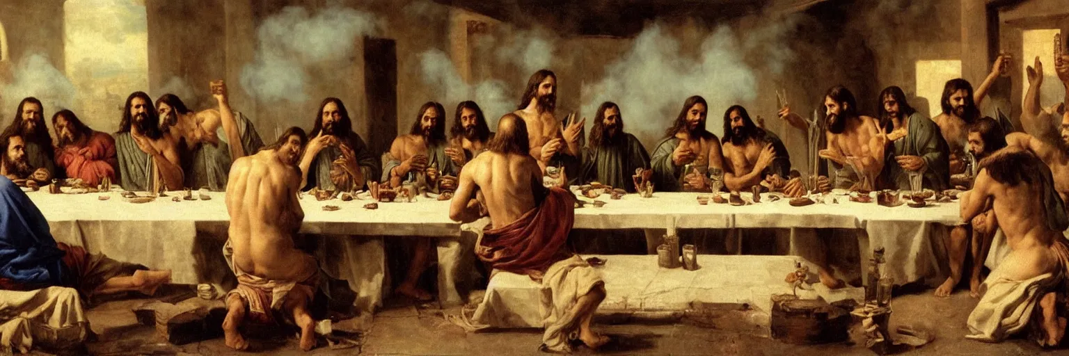 Prompt: jesus at the last supper with his disciples homies, drinking beer and passing big blunts, shirtless man eating, in clouds of smoke, cartoon speech bubble, 4 k, hyperrealistic photograph, highly detailed, sharp focus, art by ilya repin