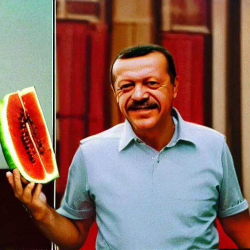 Prompt: recep tayyip erdogan smiling holding watermelon for a 1 9 9 0 s sitcom tv show, studio photograph, portrait c 1 2. 0