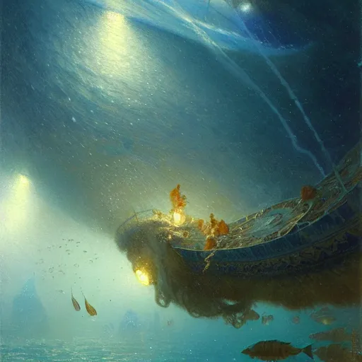 Prompt: point of view of deep in the ocean looking up, you see fishes, higher up you see very clearly the milk way illuminating the sea down bellow, night time. highly detailed painting by gaston bussiere, greg rutkowski 8 k