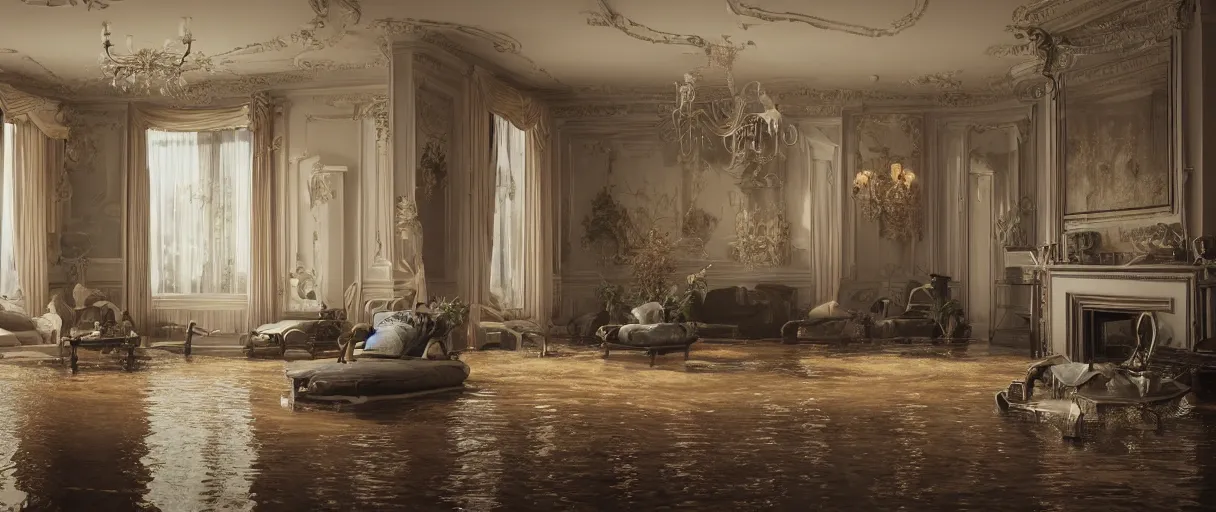 Image similar to decorative empty victorian livingroom flooded with water, octane render, 8k, artstation, concept art, smooth, sharp focus