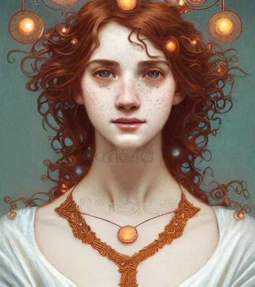 Image similar to portrait of teenage aphrodite, light freckles, curly copper colored hair, smiling kindly, wearing an embroidered white linen dress, lace neckline, intricate, elegant, mother of pearl jewelry, glowing lights, highly detailed, digital painting, artstation, concept art, smooth, sharp focus, illustration, art by wlop, mucha, artgerm, and greg rutkowski