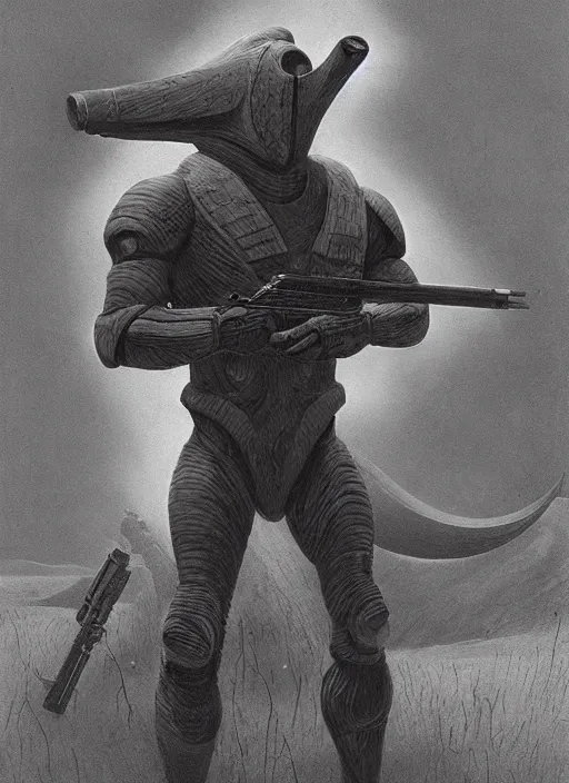 Prompt: sangheilli elite holding a gun, in the style of zdzisław beksinski