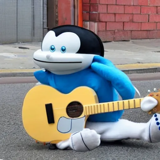 Prompt: Doraemon homeless and depressed, playing guitar on an empty city street during the day