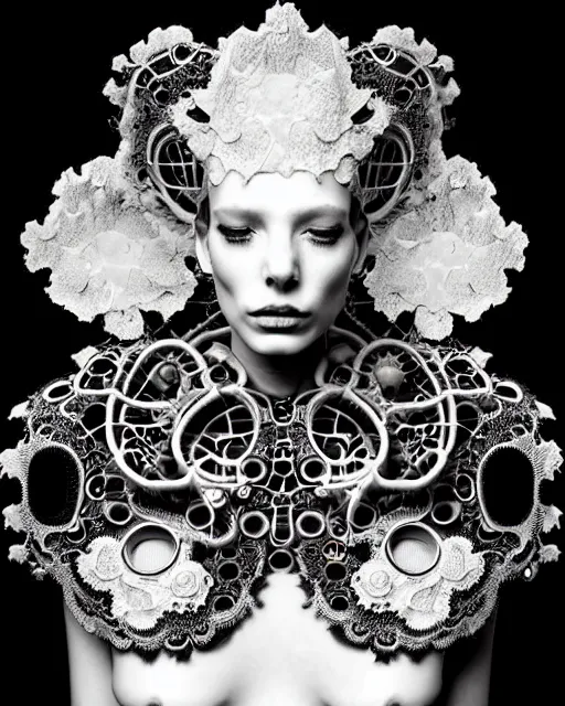 Prompt: surreal black and white photo portrait of complex bio-mechanical beautiful young female vegetal-cyborg with a Mandelbrot fractal steampunk metal fine lace face, curled silver hair and a fine metal floral foliage super big lace collar by Alexander McQueen:: high fashion, haute couture, rococo, steampunk, silver filigree details, anatomical, facial muscles, cable wires, microchip, elegant, hyper realistic, 150 mm lens, soft rim light, octane render, unreal engine, picture was taken in 1910, volumetric lighting, 8k,