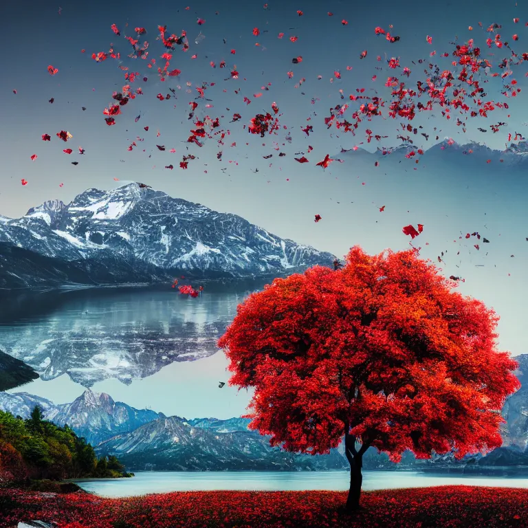 Image similar to a beautiful awesome artistic tree with falling flowers like leaves and many birds, all in the amazing outdoors view, mountain in the background, lake, long exposure, 8 k resolution, trending on artstation