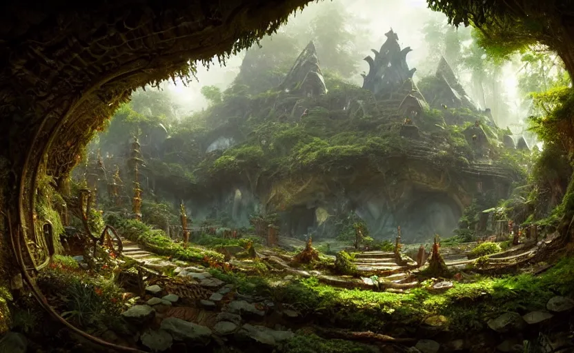 Image similar to worm's eye view of a elven headquarters carved inside a mountain above a lush garden, neat and tidy, magical, natural light, fantasy, sharp focus, concept art, by greg rutkowski and craig mullins, cozy atmospheric and cinematic lighting, trending on artstation