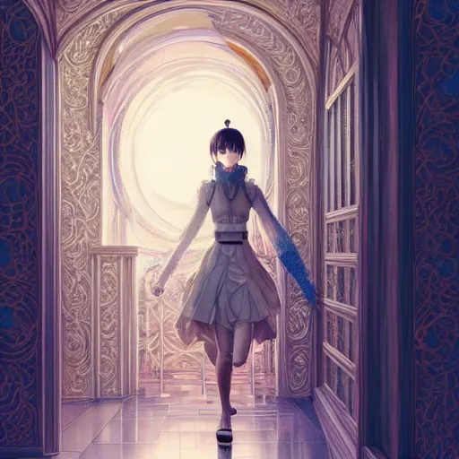 Image similar to beautiful girl in intricate clothing walking through a hallway of mirrors, reflections, very high intricate details, painting, digital anime art, medium shot, mid - shot, wlop, ilya kuvshinov, artgerm, krenz cushart, greg rutkowski, sana takeda