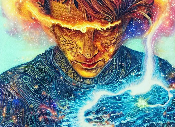 Image similar to high intricate colored ink drawing of the sandman holding a glimmering fire - galaxy, full shot, neil gaiman, maria panfilova, andrea savchenko, mike kime, ludovic plouffe, qi sheng luo, oliver cook, julian calle, eddie mendoza, trending on artstation