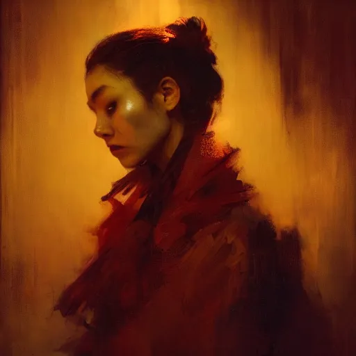 Image similar to portrait painting of a vampire, mysterious atmospheric lighting, painted, intricate, volumetric lighting, beautiful, rich deep colours masterpiece, golden hour, sharp focus, ultra detailed, by ruan jia