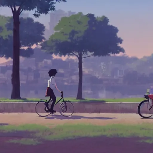 Prompt: A teenager riding a bicycle in a town by a river with capybaras passing by , Makoto Shinkai, Studio Ghibli