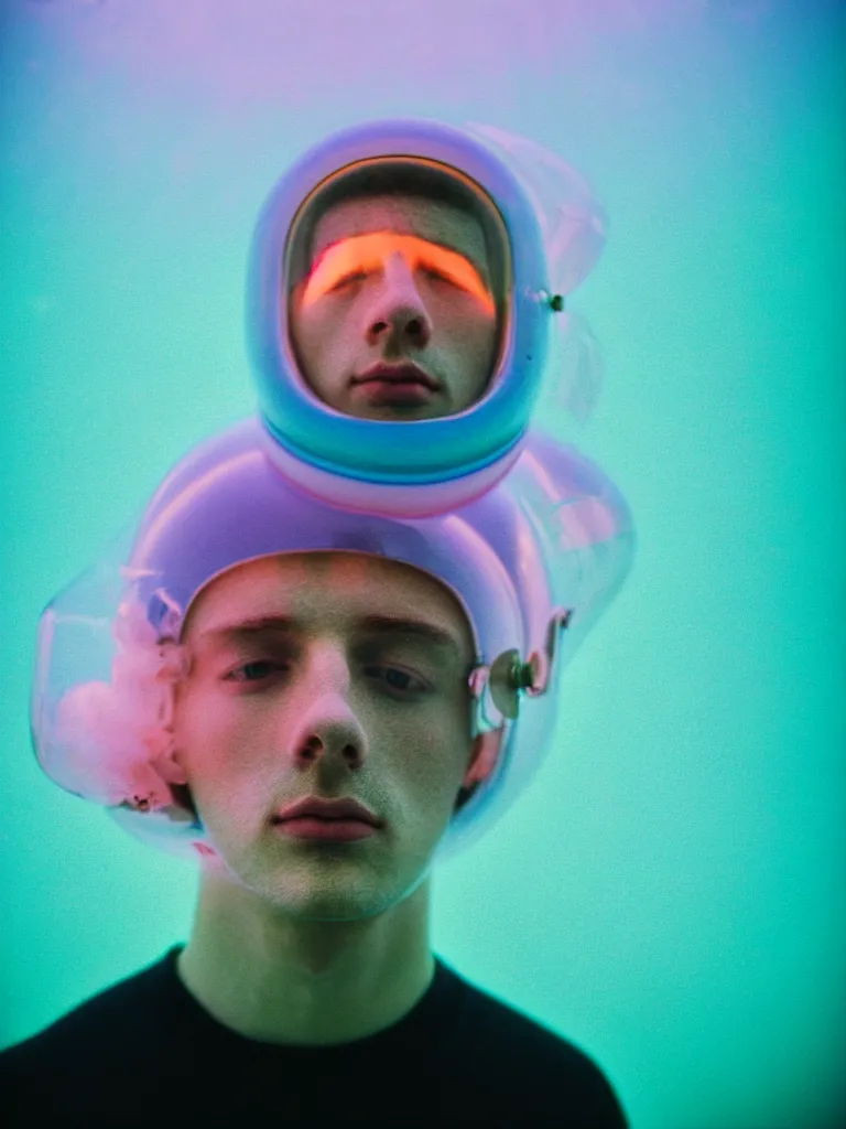 Image similar to high quality pastel coloured film portrait photograph of a beautiful young 2 0 year old male, soft facial features, short hair, perspex space helmet and oversized inflated clothing!! icelandic black rock pool environment. atmospheric three point light. photographic. art directed. ( pastel colours ). volumetric. clearcoat. waves. 8 k. filmic.