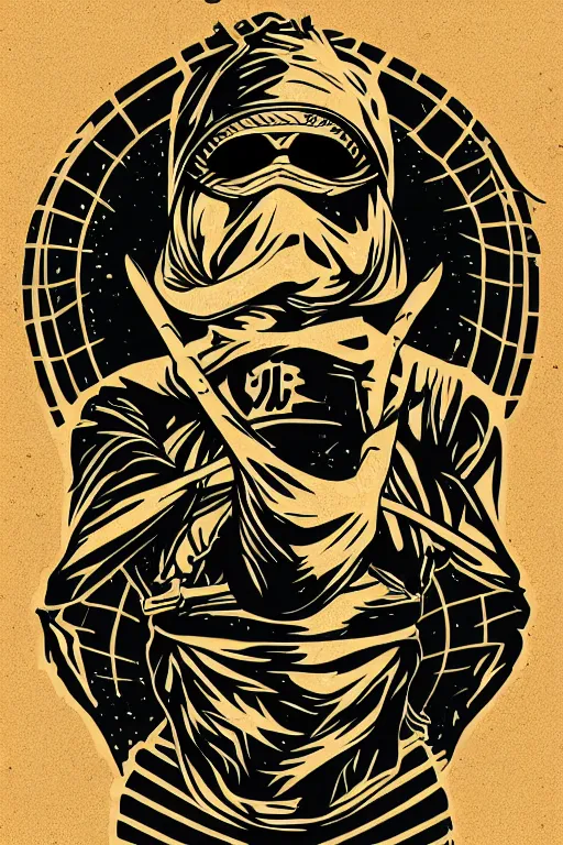 Image similar to Poster of a ninja in the style of die cut sticker, art by daniel Barreto , color, detailed, high resolution, vector art