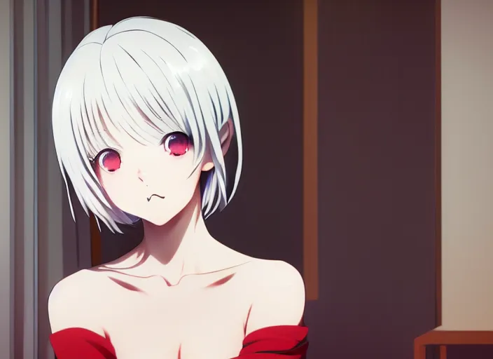 Image similar to anime visual, portrait of a white haired cute girl with red eye in her interior room, cute face by ilya kuvshinov, yoshinari yoh, makoto shinkai, katsura masakazu, dynamic perspective pose, detailed facial features, kyoani, rounded eyes, crisp and sharp, cel shad, anime poster, ambient light