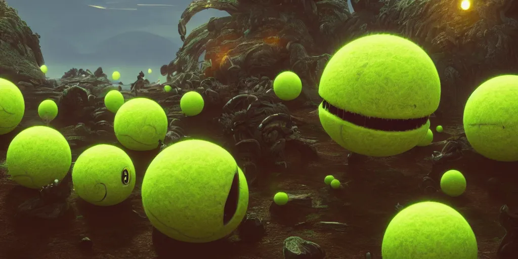 Image similar to a cinematic poster photo of 8 k ultra realistic alien tennis ball monsters, exotic, cinematic lighting, trending on artstation, 4 k, hyperrealistic, focused, high details, unreal engine 5, cinematic, alien planet atmosphere in background, 3 d render by beeple