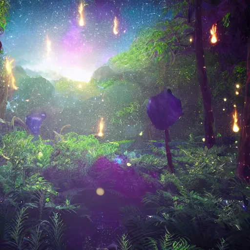 Image similar to beautiful lush magic mana forest, night sky with dazzling stars, fairies, fireflies, bokeh, octane render, unreal engine, raytracing, crystallized, intricate, hyper detailed, light rays