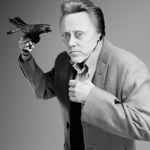 Image similar to christopher walken with a falcon on his arm, hyper realism, 5 0 mm, photo