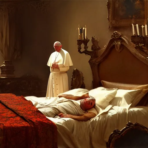 Prompt: the pope is in his bed, terrified, because a double horned shadow demon is in the wallpaper of the bedroom. highly detailed painting by gaston bussiere, greg rutkowski, craig mullins 8 k