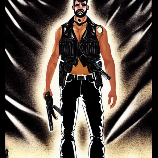 Image similar to a handsome man, in good physical shape, chiseled jaw, 5 o'clock shadow, long black hair in a ponytail, wearing a black leather vest, black leather vest is open, no shirt under the vest, wearing an ammo belt, wearing cargo pants, wearing a gold chain, holding a blaster, grim expression, full body shot, comic book art, realistic looking comic book sketch