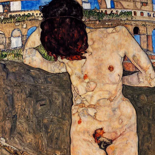 Prompt: a highly detailed painting by egon schiele of a young woman with black hair having an existential crisis on a terrace overlooking the colosseum, 4 k