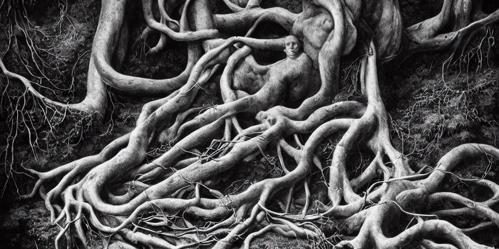 Image similar to portrait of a sickle getting overgrown by roots, forest, dolomites, alpine, detailed intricate insanely detailed octane render, 8k artistic 1920s photography, photorealistic, black and white, chiaroscuro, hd, by David Cronenberg, Raphael, Caravaggio