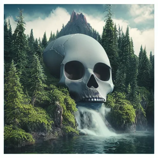 Image similar to giant floating skull mountain, surrounded by clouds, trees on scalp, waterfall, octane render, colored pencil