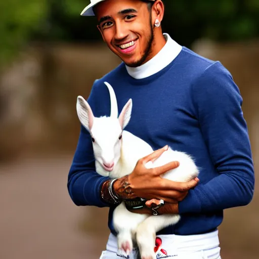 Image similar to an award winning photo of lewis hamilton holding a baby goat, 4 k