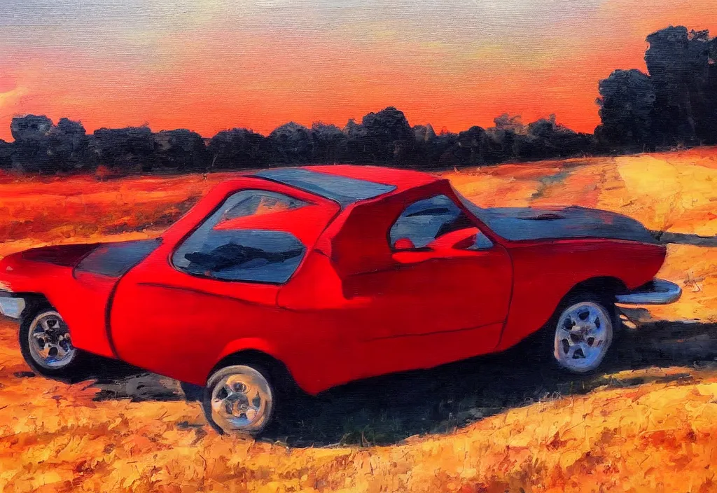 Image similar to red car, driving, golden hour, brush strokes, peaceful, oil painting