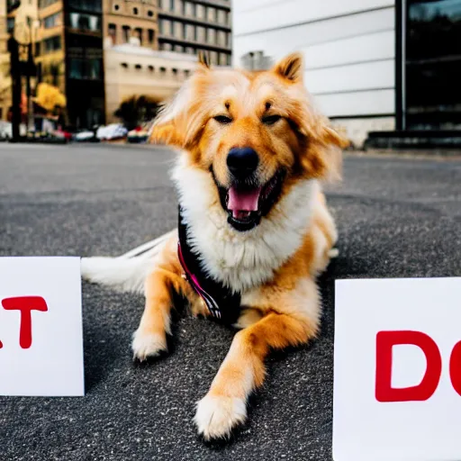 Prompt: professional photo of a dog holding a sign that says dog written on the sign