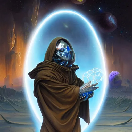 Image similar to masked nomad male wearing a cloak on an alien world and holding a holographic planet projection in his hand, detailed, sci - fi, digital painting, artstation, sharp focus, illustration, ominous, artgerm, tomasz alen kopera, peter mohrbacher, donato giancola, joseph christian leyendecker, wlop, frank frazetta