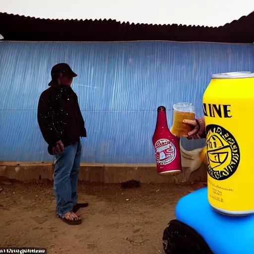 Image similar to man standing next to his inflatable quecha, drinking a canned beer, it is raining and he has no shelter so he gets soaked