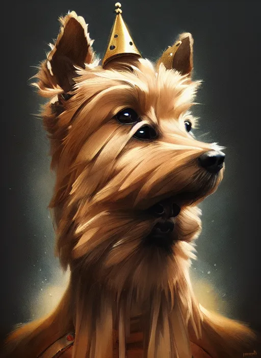 Image similar to norwich terrier as an king, backround dark, highly detailed, digital illustration, trending in artstation, modern painting, smooth, sharp focus, intricate, by peter mohrbacher