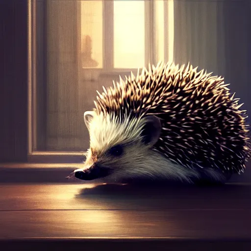 Image similar to photorealistic render of a hedgehog waking up in the morning, by wlop, artgerm, greg rutkowski, alphonse mucha, beautiful dynamic dramatic dark moody lighting, shadows, cinematic atmosphere, artstation, concept design art, octane render, 8 k