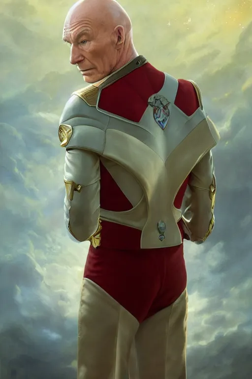 Prompt: portrait photograph of captain picard as a glorious regal space king, sleek outfit, upper body, fantasy, handsome, depth of field, soft focus, highly detailed, intricate, realistic, national geographic cover, soft glow, textured, artstation, concept art, sharp focus, illustration, art by artgerm and greg rutkowski and alphonse mucha