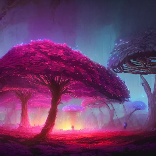 Image similar to concept art painting of a fantasy alien fungal landscape at night, magenta trees, glowing blue mushrooms, dark purple sky, realistic, detailed, cel shaded, in the style of makoto shinkai and greg rutkowski and albert bierstadt and james gurney