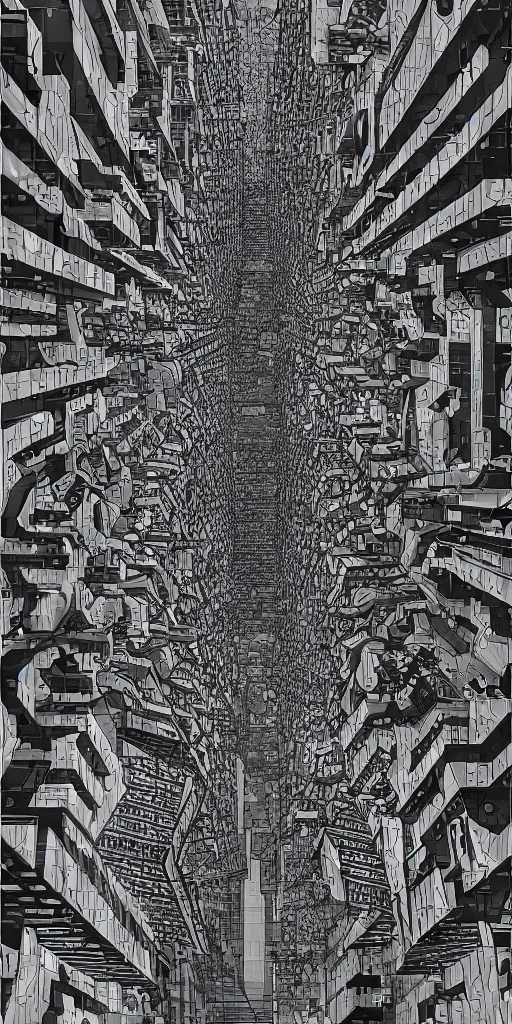 Prompt: cell shaded technopunk alley optical illusion by m. c. escher