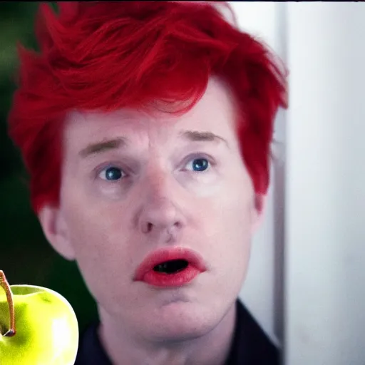 Image similar to secuctive donald trump with red hair eating an apple looking in the camera