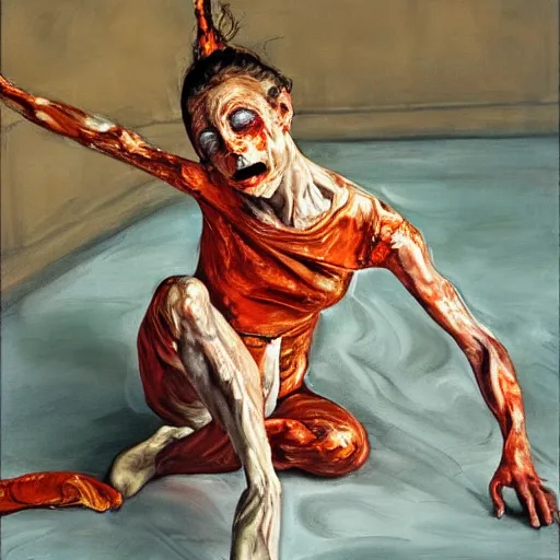 Image similar to high quality high detail painting of a ballerina in agony by lucian freud and jenny saville and francis bacon, hd, dark demonic dancer, turquoise and orange