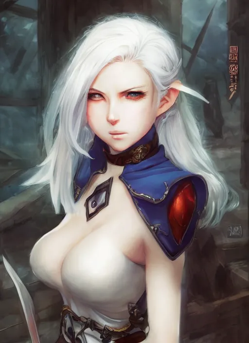 Prompt: An anime portrait of a white-haired short-haired big-eyed blue-eyed round-faced elf assassin, by Stanley Artgerm Lau, WLOP, Rossdraws, James Jean, Andrei Riabovitchev, Marc Simonetti, and Sakimichan, tranding on artstation