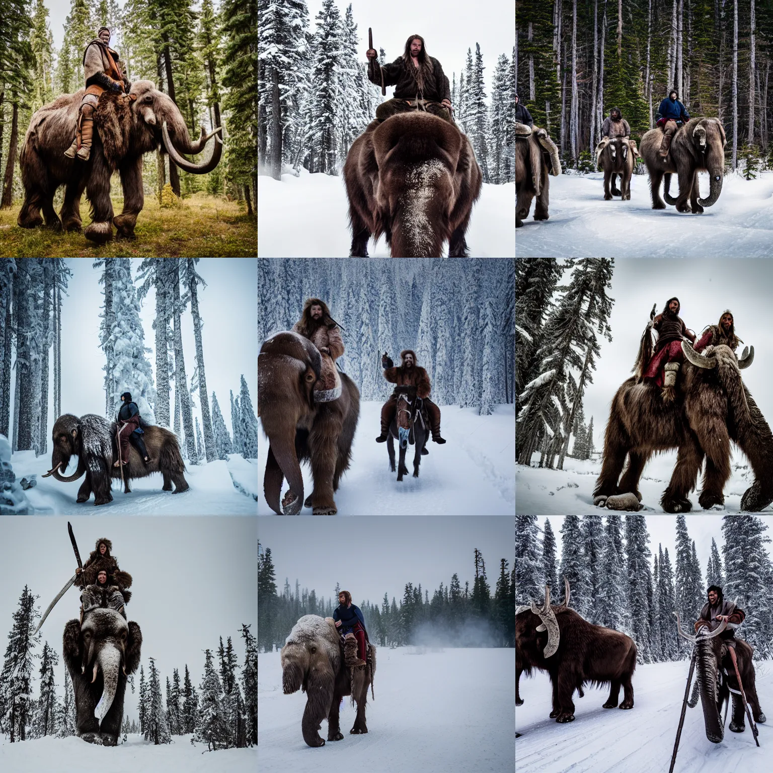 Prompt: Mythological Hyperborean warriors riding mammoth in the taiga, taken with Sony a7R camera, EOS-1D, f/1.4, ISO 200, 1/160s, 8K, RAW, unedited, symmetrical balance, in-frame