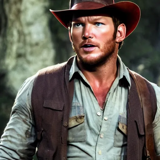 Image similar to stunning awe inspiring chris pratt as indiana jones, movie still 8 k hdr atmospheric lighting