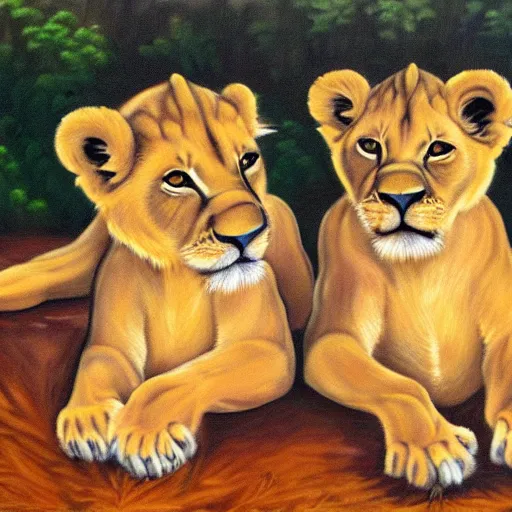 Image similar to a painting of two lion cubs that are symmetrically mirrored because they are the same lion