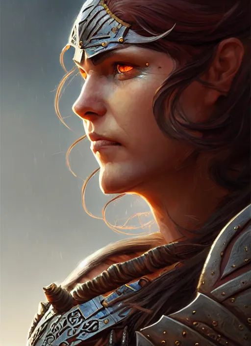 Prompt: Close-up portrait of a female warrior, D&D fantasy, she has brown, mid-length hair, she has a serious expression, and is wearing armor and a cape. Intricate, highly detailed, digital painting, artstation, concept art, sharp focus, illustration, art by greg rutkowski and Ross Tran