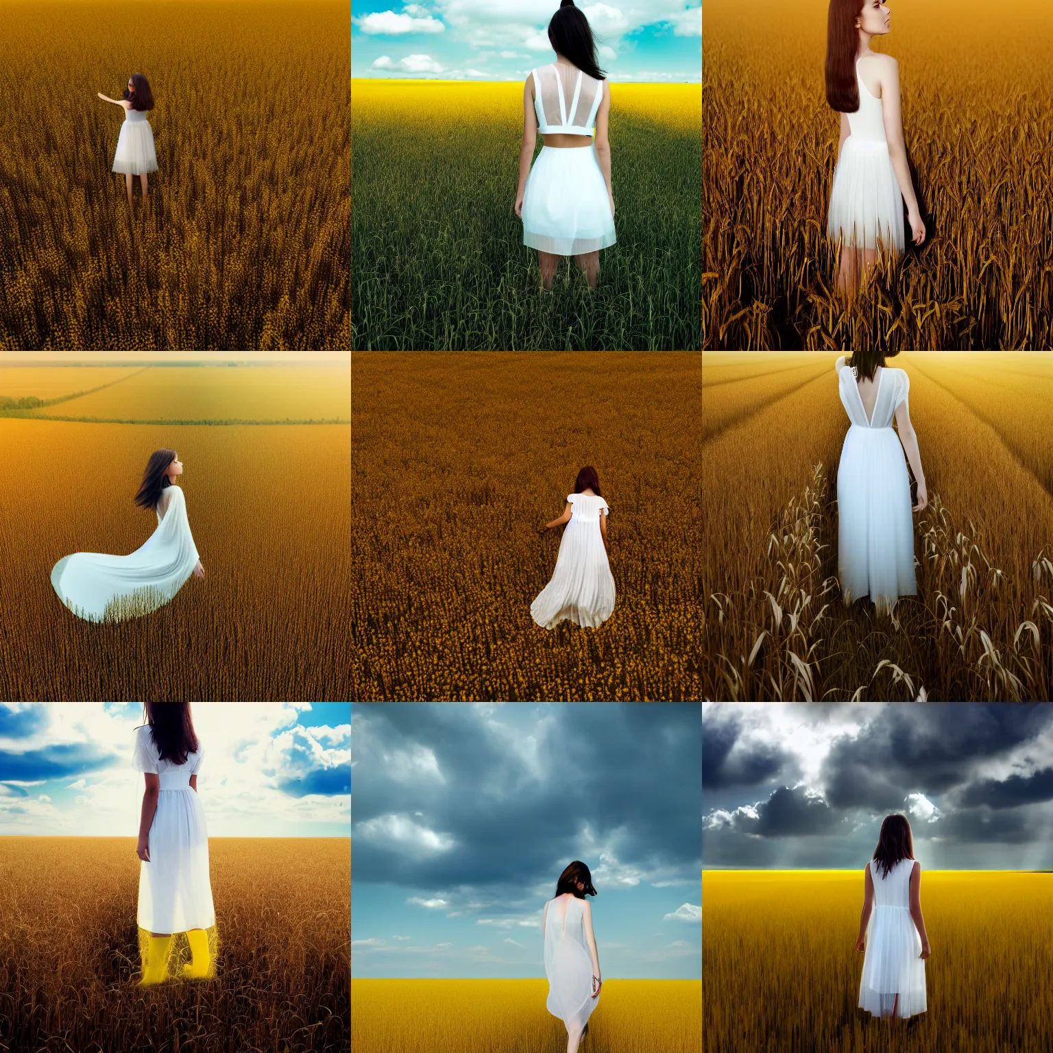 Prompt: aerial shot, a beautiful photo of a petite brunette girl in a very wide transparent thin sheer fabric white dress standing on a bright yellow rye field, a lot of clouds, photo from the back, 135mm, trending on artstation, hyper detailed, hyper realistic, chrome accents, mild, ethereal, elegant, tender