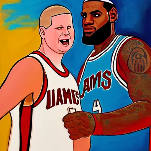 Prompt: bobby hill and lebron james taking a selfie, nba, kill of the hill, oil on canvas, trending on artstation
