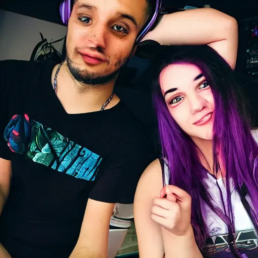 Image similar to my friend milan with a girl who has purple hair and plays video games, high details, fine face