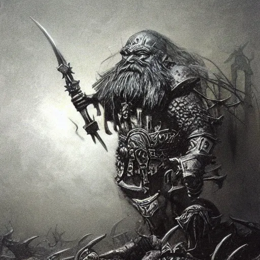 Image similar to warhammer dwarf slayer concept art, beksinski