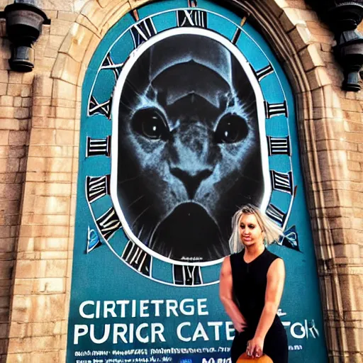 Prompt: A detailed photo of Kaley Cuoco under the Eastgate clock in Chester. Behind her we see a black panther